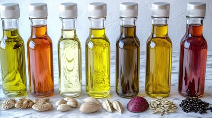 combination of natural vegetable fats and oils displayed on a marble countertop. The scene is minimalist, with a focus on the texture and purity of the oils and fats as they are used in different 