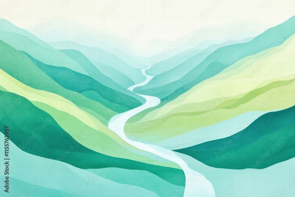 Fototapete Winding river flows through serene mountain range with soft colors and minimalist design elements for text placement. Generative AI