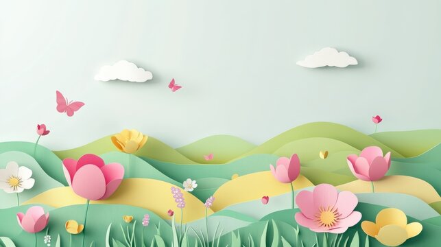 Vibrant paper art of spring flowers and rolling hills in a sunny landscape