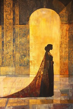 Queen Esther stands bravely before King Ahasuerus in a golden palace. Generative AI