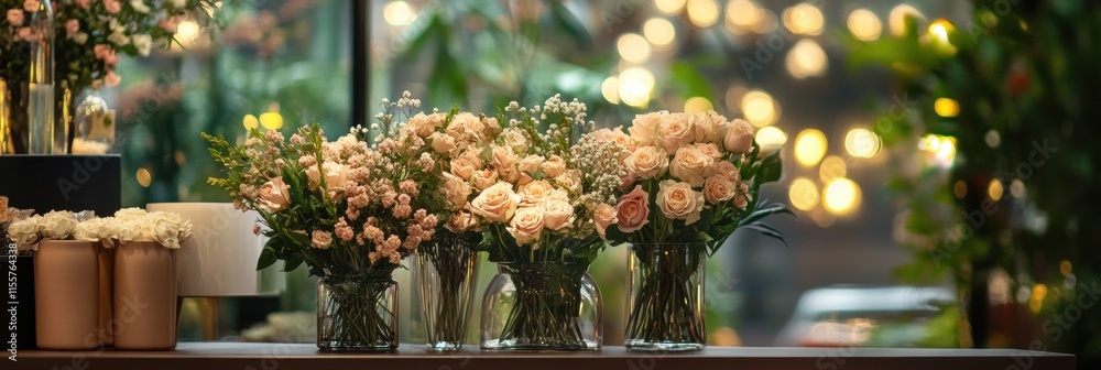 Poster stylish storefront display featuring beautiful flower arrangements in glass vases near twinkling eve