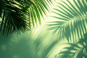 Obraz premium Palm leaves in sunlight on a green background