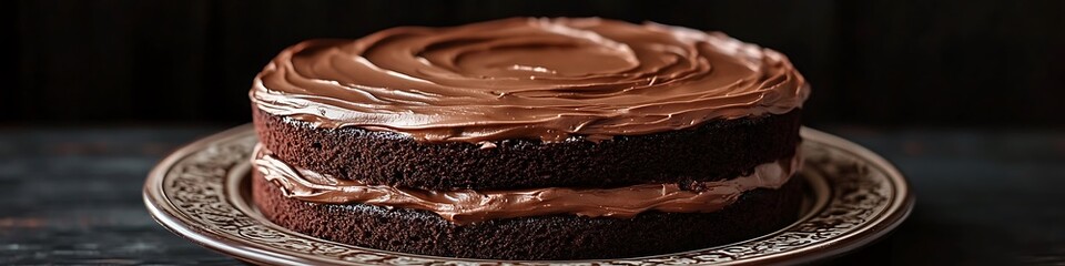 A gourmet chocolate cake with layers of rich chocolate frosting, served on a decorative plate.