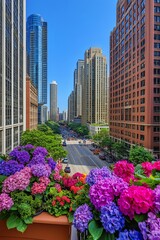 Fototapeta premium Panoramic Cityscape with Skyscrapers and Vibrant Flowers