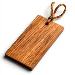 Fototapeta premium A simple wooden tag with a natural finish and brown rope, isolated on a white background.