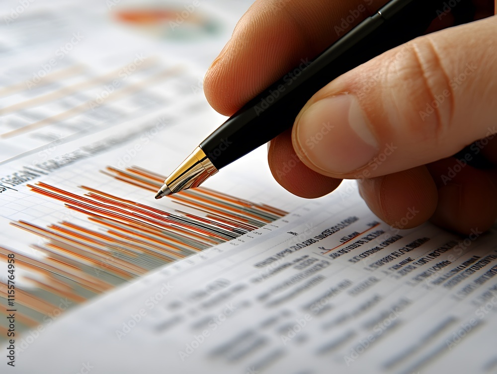 Poster Close-up of a hand holding a pen while analyzing colorful financial data charts and graphs in a bustling workspace during a busy office environment