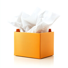 An orange gift box filled with crumpled white tissue paper, isolated against a white background.