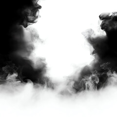 Black and white smoke swirling on a white isolated background, creating an abstract artistic effect.