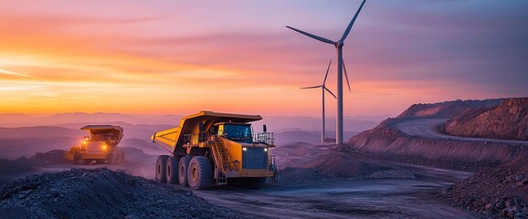 Construction vehicles operate at sunset near wind turbines in a mining landscape.