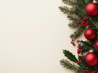 Digital Christmas sale flyer with exclusive offers, holly leaves, and shiny red ornaments