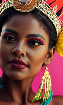 Brazilian wearing Samba Costume. Beautiful Brazilian woman wearing colorful costume and smiling during Carnaval street parade in Brazil.	