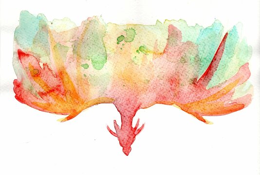 Silhouette of a flying dragon in the form of colorful water spots, light sketch made with watercolor paints, hand illustration, 
