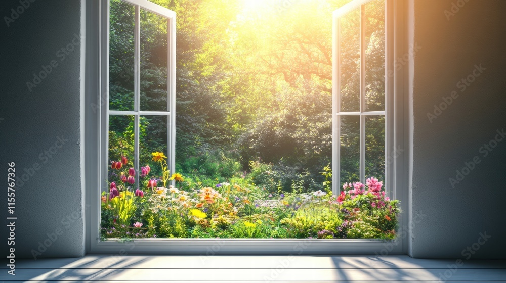 Aufkleber Bright garden view from an open window revealing colorful flowers and lush greenery in a serene atmosphere. Generative AI