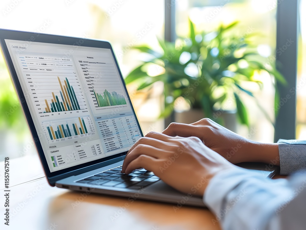 Poster business professional analyzing data through laptop with graphs and charts while sitting at a bright