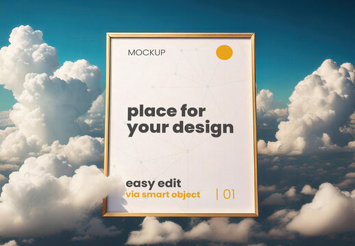 Poster Frame Vertical Sign Page Mockup Flying in Sunny Clouds