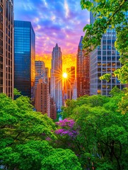 Fototapeta premium Vibrant Sunset over City Skyline with Greenery
