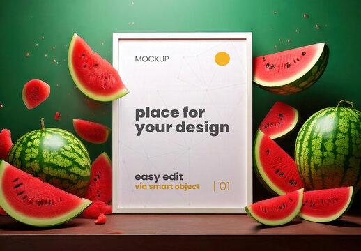 Poster Frame Vertical Sign Mockup with Watermelon Around