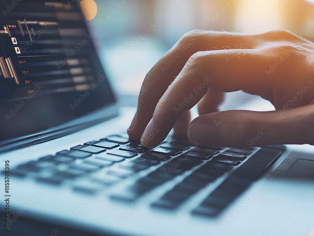 Poster Close-Up of a Person's Hand Typing on Laptop Keyboard with Blurry Office Background and Data on Screen Displaying Business Analysis Metrics and Trends