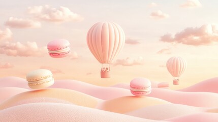 Surreal landscape with hot air balloons and floating macarons in pastel sky