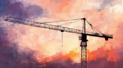 Silhouette of a construction crane against a dramatic sunset sky