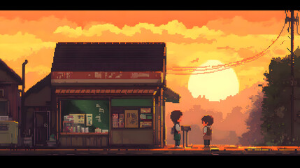 Pixel Sunset at the Corner Store: Two Friends Meet as the Sun Sets Over a Quaint Japanese Town