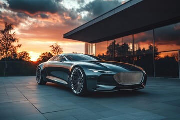 Luxury car showcases modern design against a stunning sunset backdrop in an upscale urban environment. Generative AI