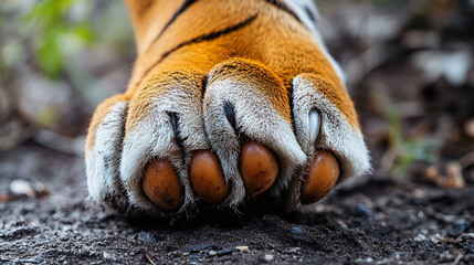 Closeup of striped black orange and white tiger wild cat animal paw foot leg with claws. outdoor...