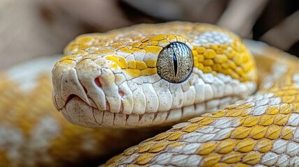 Obraz premium Closeup of yellow and white python snake. exotic reptile animal in wildlife nature macro photography, serpent eye and face, dangerous tropical species, forest, skin texture, crawling.