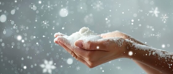 Fototapeta premium An incredibly close-up of a hand spreading creams on a snow-covered white background having lots of text space or foreground purpose, Generative AI.