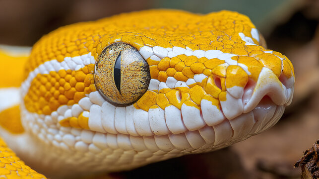 Closeup of yellow and white python snake. exotic reptile animal in wildlife nature macro photography, serpent eye and face, dangerous tropical species, forest, skin texture, crawling.