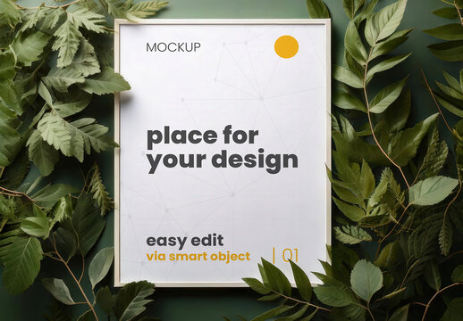 Poster Frame Sign Page Mockup with Green Leafs