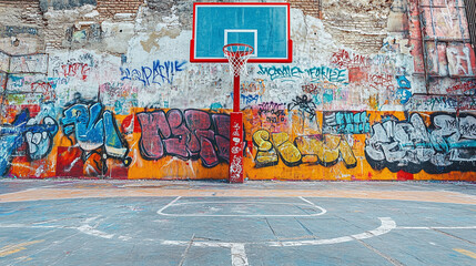 Fototapeta premium Graffiti on the wall behind the basketball hoop with backboard, rim and net in an empty outdoor urban city playground park. street sport game court, recreational activity.