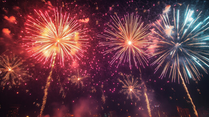Fototapeta premium fireworks in the urban city sky during new year celebration 