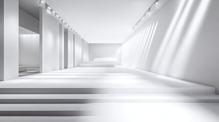 Obraz premium Nobody in empty white studio with spotlight lamps. illuminated photographer place, bright reflector, professional equipment in a room, fashion show place.