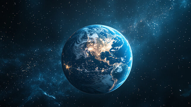 Blue round planet earth globe. world orbit atmosphere, internet connection and communication technology, network, universe, science, exploration.