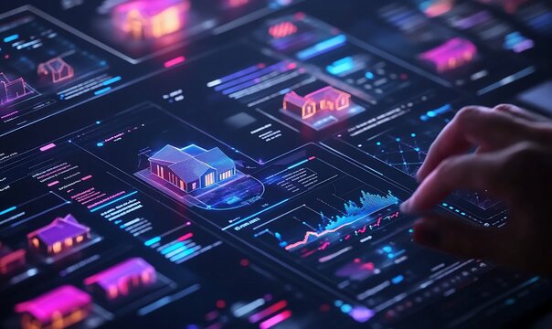 Digital interface displaying real estate data and analytics visualizations.