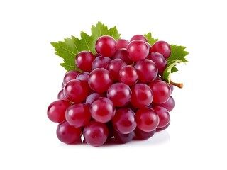 Fototapeta premium A group of red grapes with green leaves on a white background