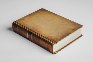 Obraz premium A vintage leather-bound book with a worn cover, resting on a light background, evoking nostalgia and a sense of timeless literature.