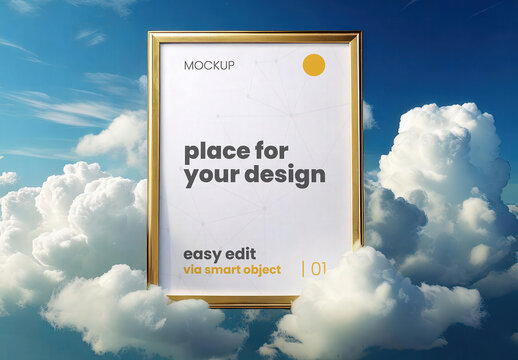 Poster Frame Vertical Sign Mockup Flying in Sunny Clouds