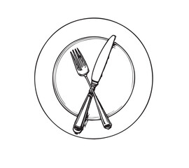 Plate knife, fork continuous outline drawing. Decoration for cafe or kitchen