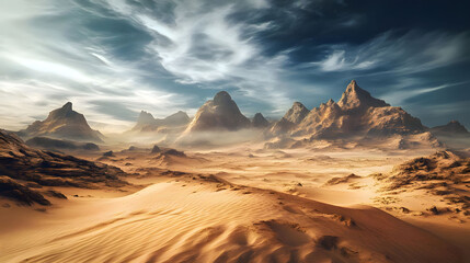 Majestic Desert Landscape: A Breathtaking View of Sand Dunes and Rugged Mountains under a Dramatic Sky