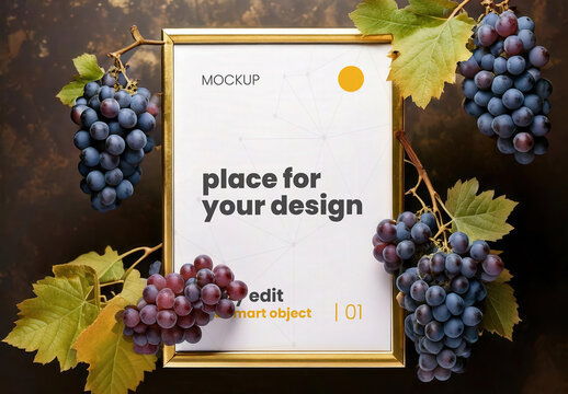 Poster Frame Vertical Sign Page Mockup with Juicy Grapes and Leafs Wine Style