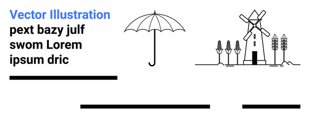 Text placeholder, umbrella, windmill, and rows of plants in simple black line art. Ideal for weather updates, nature blogs, travel websites, educational content, eco-friendly themes, outdoor