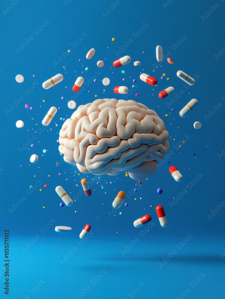 Poster 3d model of a human brain surrounded by colorful pills and capsules in a vibrant blue setting. gener