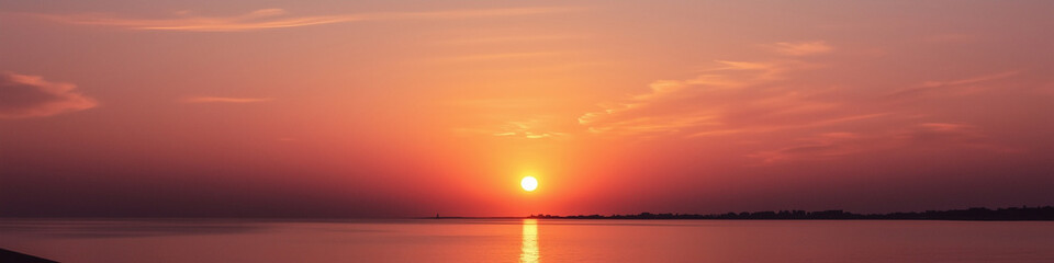 Fototapeta premium Stunning sunrise over a serene landscape with soft hues of orange and pink, capturing the peaceful beauty of a new day in a panoramic view.