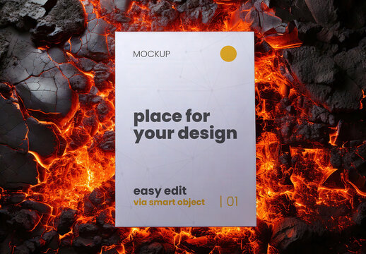 Poster Page Sign Mockup On a Volcanic Fire Place Burning Heat