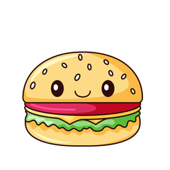 Cute Burger Cartoon Kawaii Sticker. Character Vector Illustration