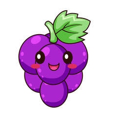 Cute Grape Cartoon Kawaii Sticker. Character Vector Illustration