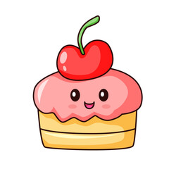 Cute Cake Cartoon Kawaii Sticker. Character Vector Illustration