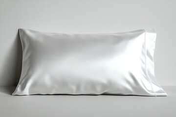 A sleek, white satin pillow resting against a neutral wall, emphasizing comfort and elegance in bedding design.